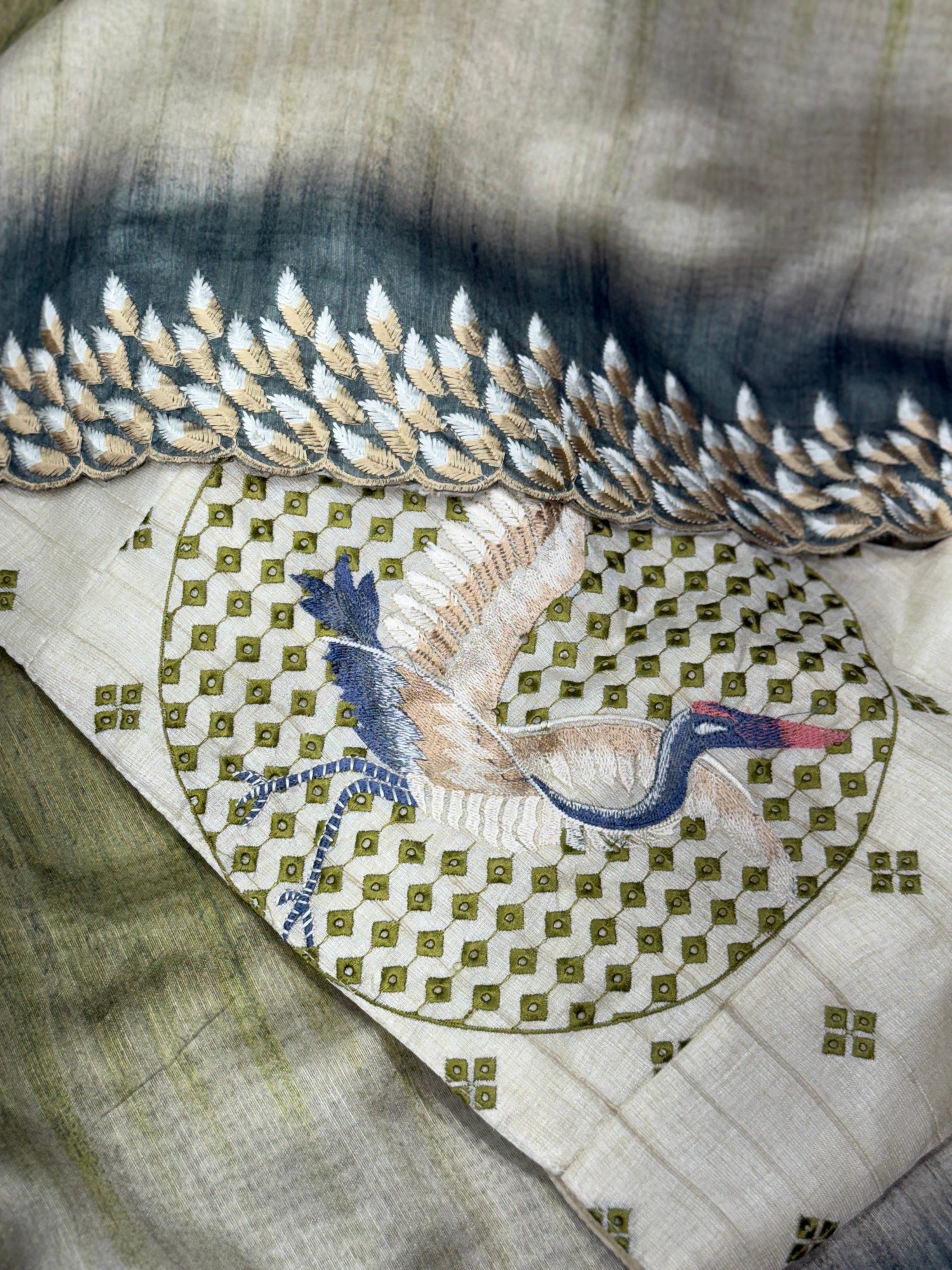 Green Shaded Pure Tussar Heavy Embroidery Tushar Saree Tussar Saree Anant Tex Exports Pvt.Ltd..