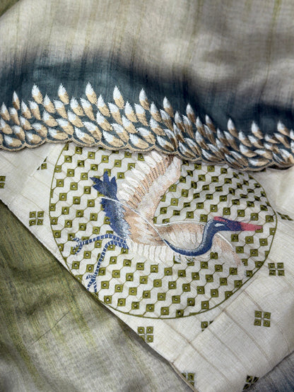Green Shaded Pure Tussar Heavy Embroidery Tushar Saree Tussar Saree Anant Tex Exports Pvt.Ltd..