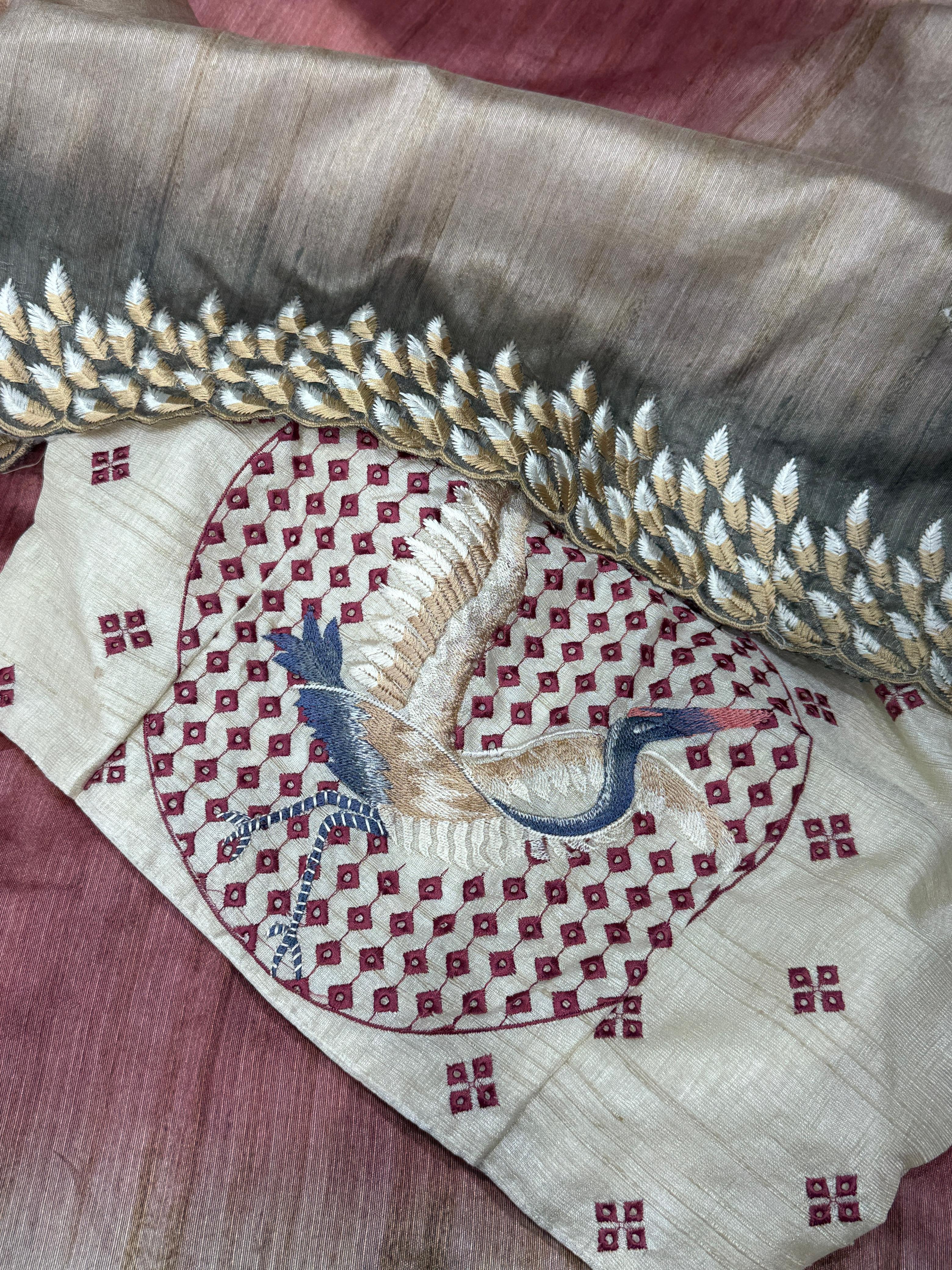 Pink Shaded Pure Tussar Heavy Embroidery Tushar Saree Tussar Saree Anant Tex Exports Pvt.Ltd..