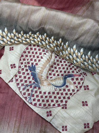 Pink Shaded Pure Tussar Heavy Embroidery Tushar Saree Tussar Saree Anant Tex Exports Pvt.Ltd..