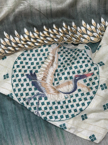 Rama Shaded Pure Tussar Heavy Embroidery Tushar Saree Tussar Saree Anant Tex Exports Pvt.Ltd..