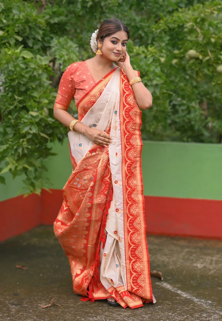 Cream White Pure Soft Silk Banarasi Saree Banarasi Saree Anant Tex Exports Pvt.Ltd..