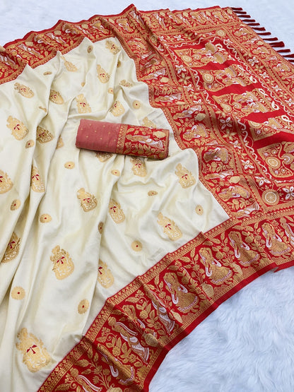 Cream White Pure Soft Silk Banarasi Saree Banarasi Saree Anant Tex Exports Pvt.Ltd..