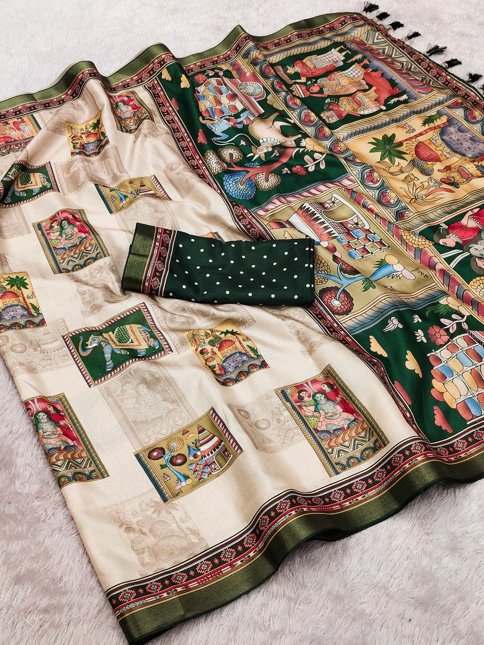 Green Pure Tussar Silk Bold Kalamkari Figure Printed Tussar Saree Tussar Saree Anant Tex Exports Pvt.Ltd..
