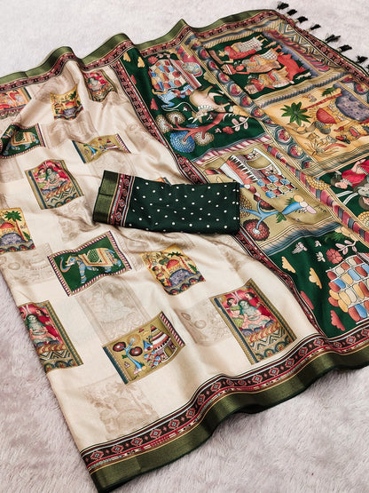 Green Pure Tussar Silk Bold Kalamkari Figure Printed Tussar Saree Tussar Saree Anant Tex Exports Pvt.Ltd..