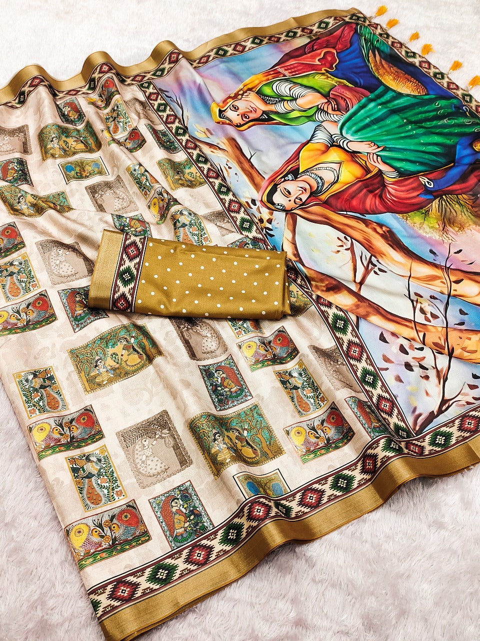 Gold Pure Tussar Silk Bold Kalamkari Figure Printed Tussar Saree Tussar Saree Anant Tex Exports Pvt.Ltd..