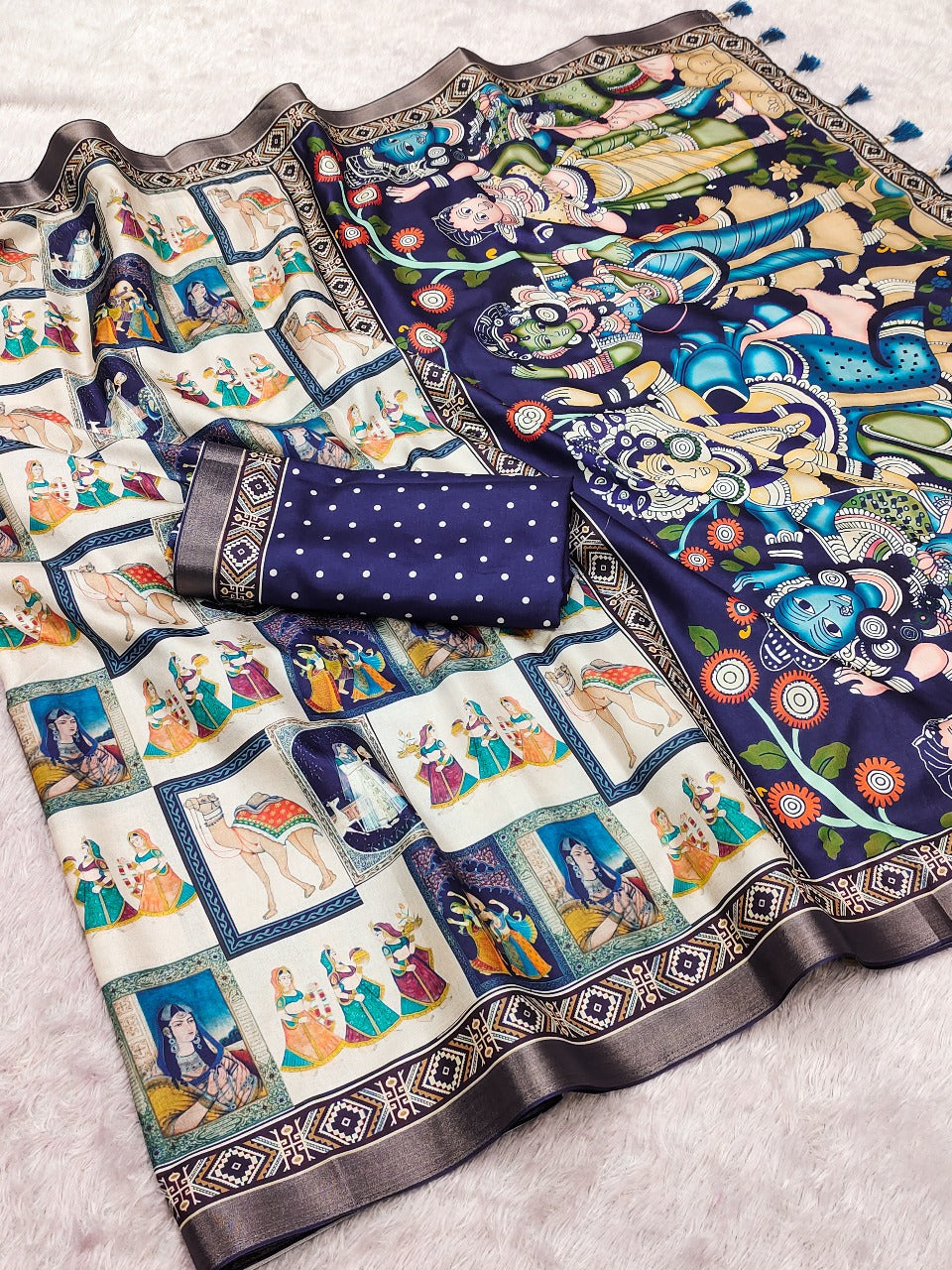 Blue Pure Tussar Silk Bold Kalamkari Figure Printed Tussar Saree Tussar Saree Anant Tex Exports Pvt.Ltd..