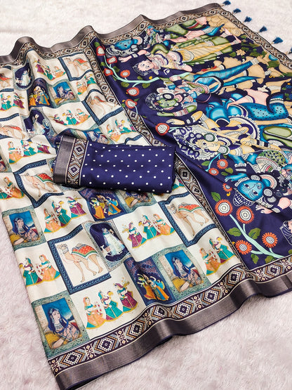Blue Pure Tussar Silk Bold Kalamkari Figure Printed Tussar Saree Tussar Saree Anant Tex Exports Pvt.Ltd..