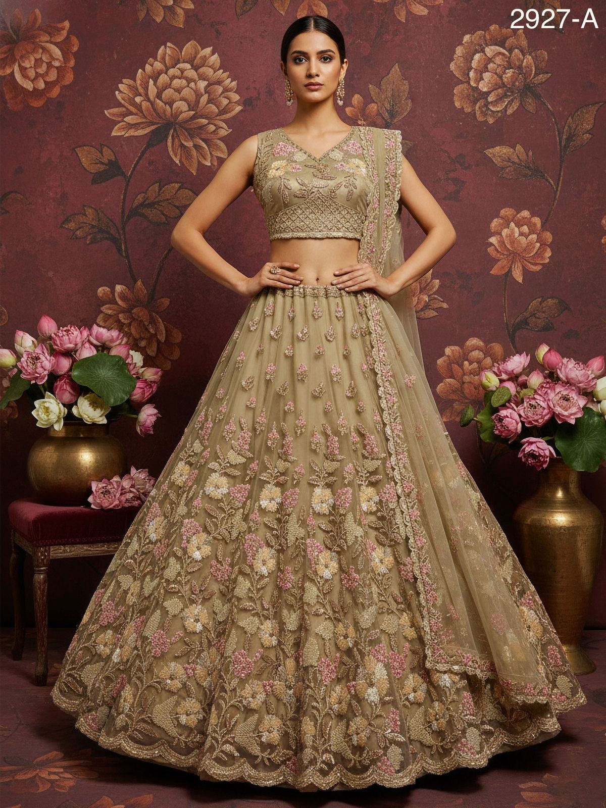 Golden Pure Soft Net Heavy Embroidery Work Bridal Lehenga