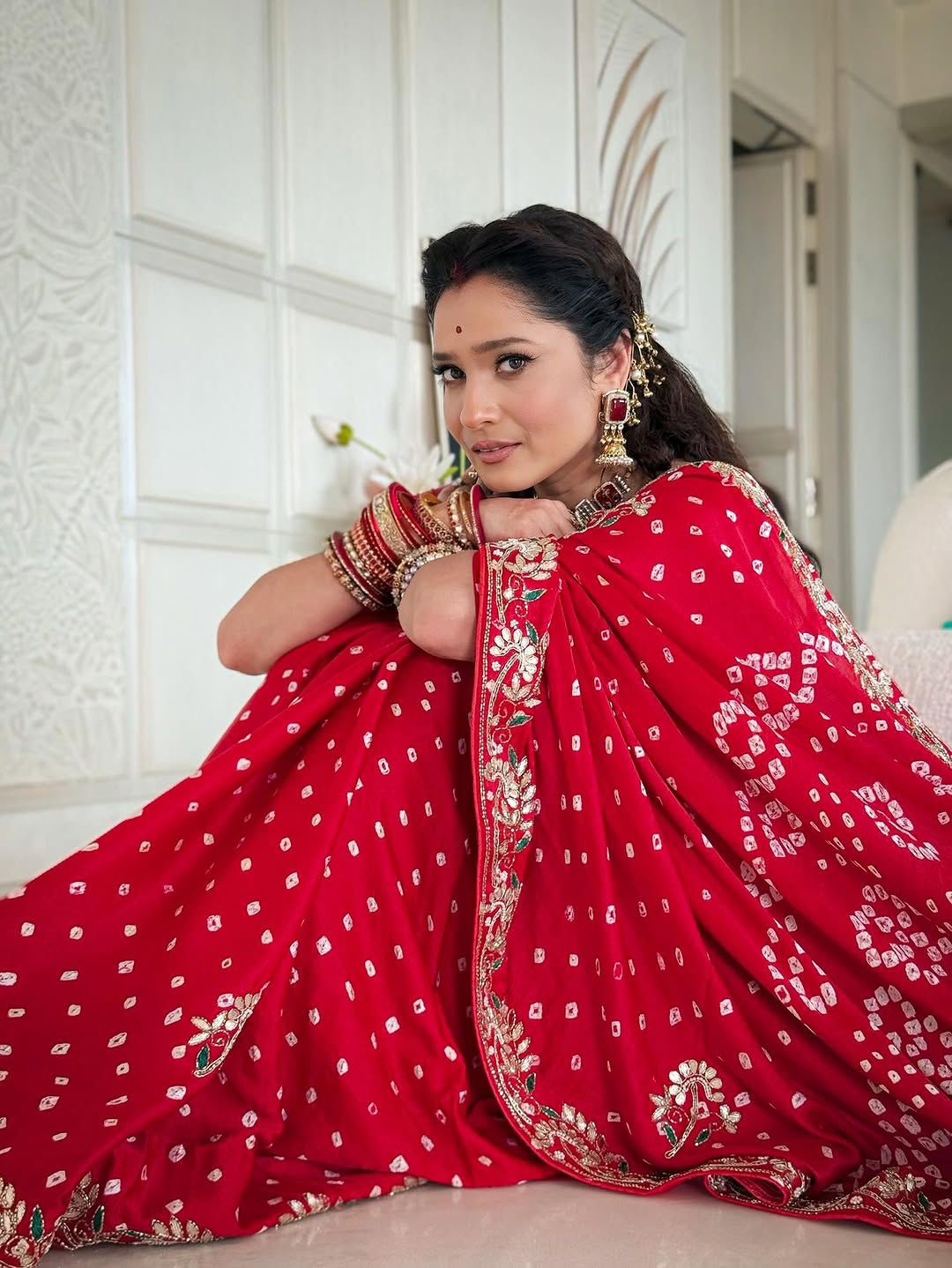 Red Bandhej Pure Gaji Silk Langdi Patta Bandhani Saree Gaji Silk Saree Anant Tex Exports Pvt.Ltd..