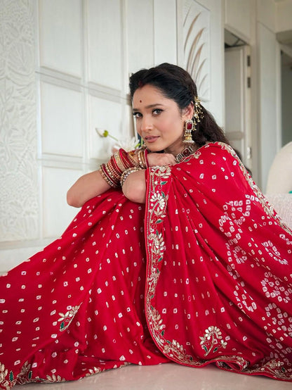 Red Bandhej Pure Gaji Silk Langdi Patta Bandhani Saree Gaji Silk Saree Anant Tex Exports Pvt.Ltd..