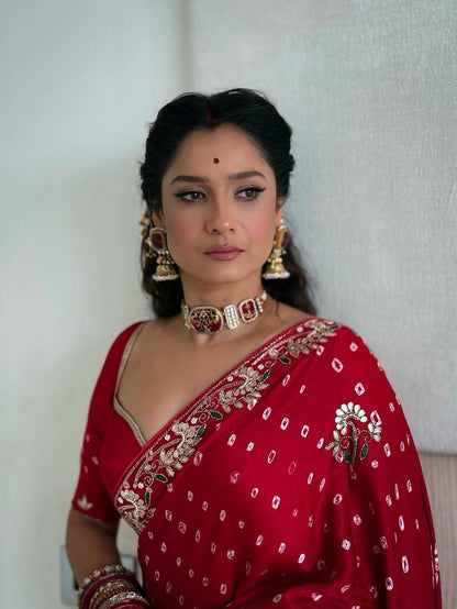 Red Bandhej Pure Gaji Silk Langdi Patta Bandhani Saree Gaji Silk Saree Anant Tex Exports Pvt.Ltd..