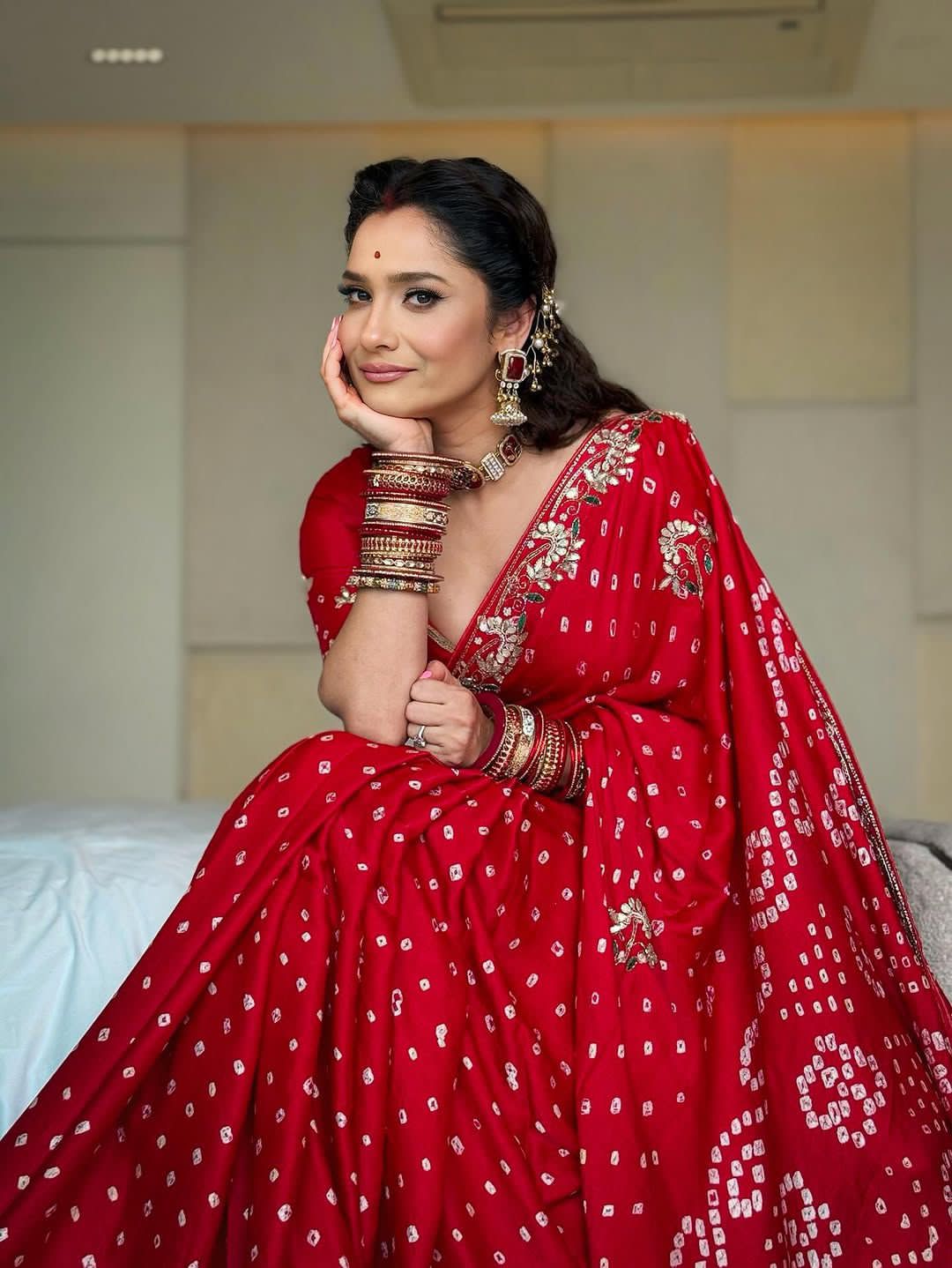 Red Bandhej Pure Gaji Silk Langdi Patta Bandhani Saree Gaji Silk Saree Anant Tex Exports Pvt.Ltd..
