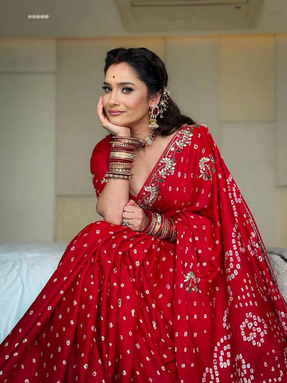 Red Bandhej Pure Gaji Silk Langdi Patta Bandhani Saree Gaji Silk Saree Anant Tex Exports Pvt.Ltd..