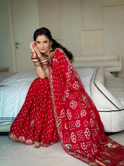 Red Bandhej Pure Gaji Silk Langdi Patta Bandhani Saree Gaji Silk Saree Anant Tex Exports Pvt.Ltd..