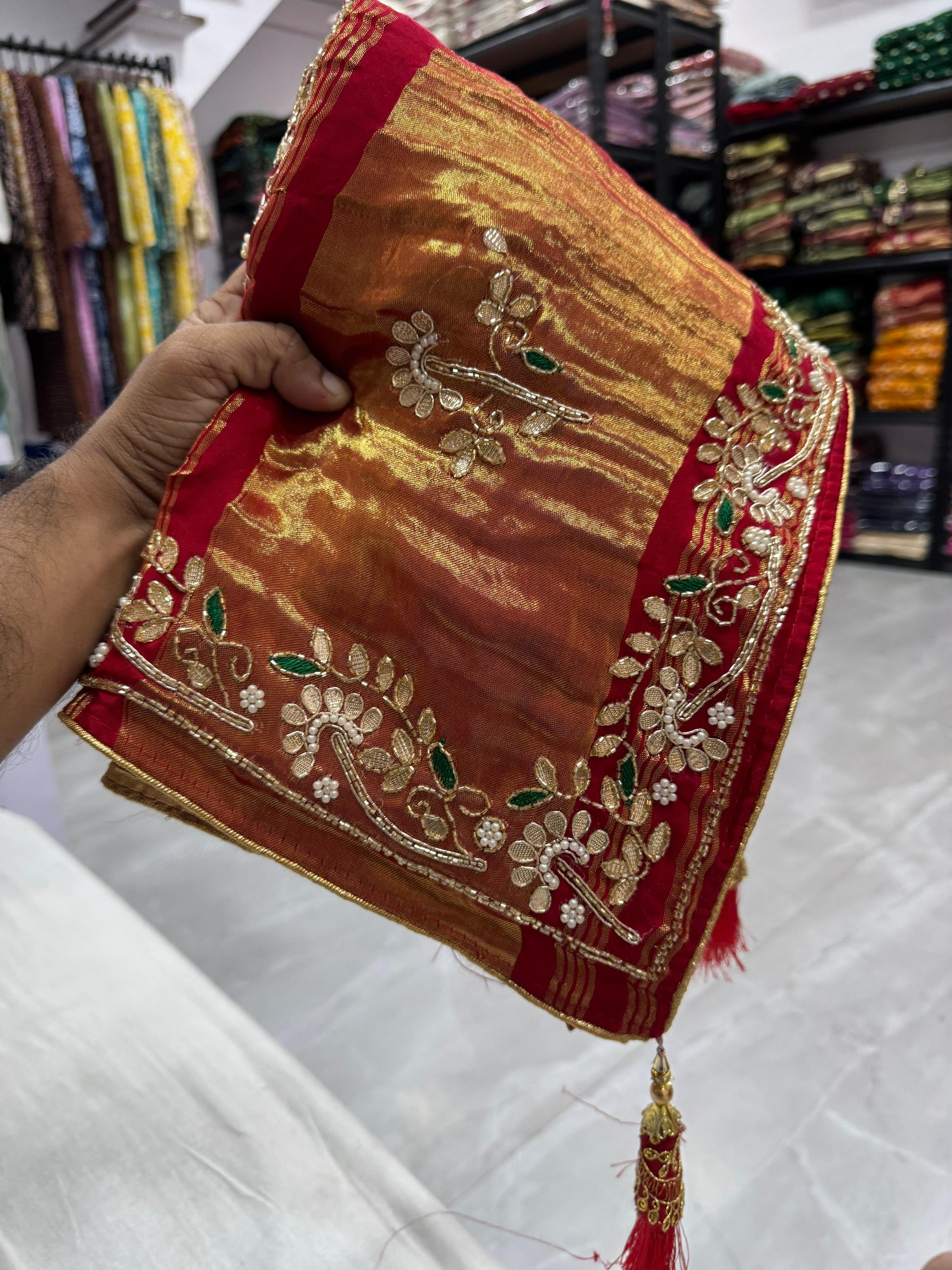 Red Bandhej Pure Gaji Silk Langdi Patta Bandhani Saree Gaji Silk Saree Anant Tex Exports Pvt.Ltd..
