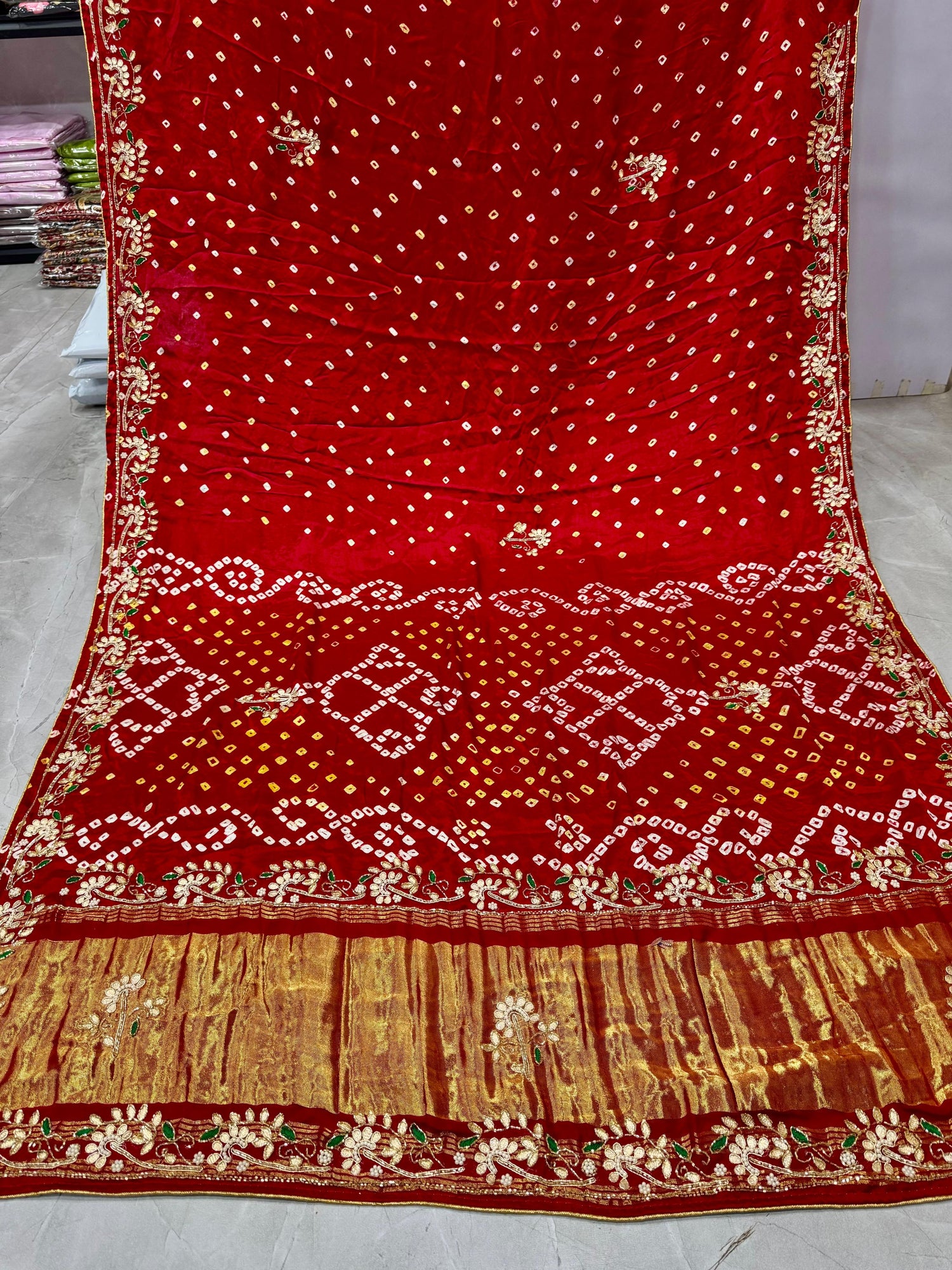 Red Bandhej Pure Gaji Silk Langdi Patta Bandhani Saree Gaji Silk Saree Anant Tex Exports Pvt.Ltd..