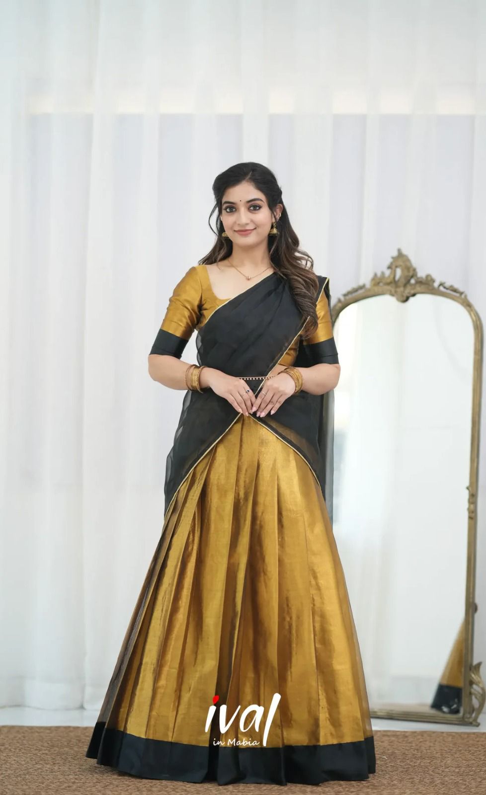 Golden Pure Kanchipuram Silk Zari Weaving South Indian Half Saree Lehenga South indian lehenga Anant Tex Exports Pvt.Ltd..