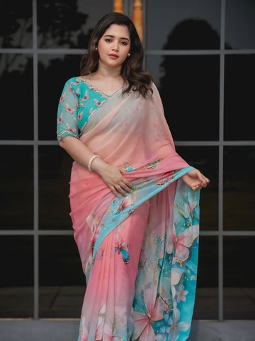 Pink Pure Soft Georgette Handwork Embroidery Saree