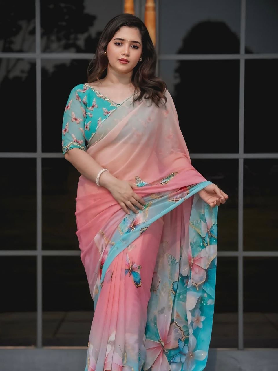 Pink Pure Soft Georgette Handwork Embroidery Saree
