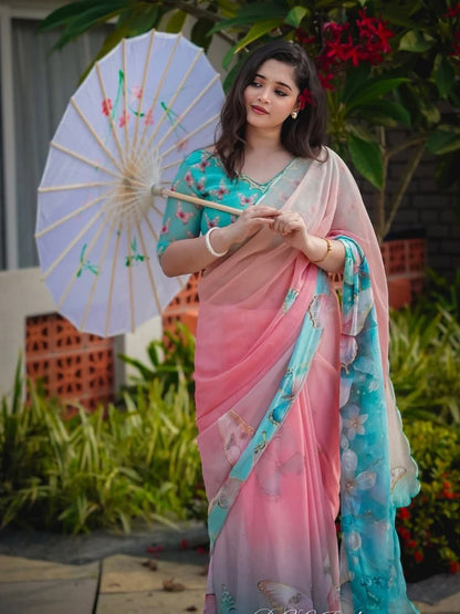 Pink Pure Soft Georgette Handwork Embroidery Saree Georgette Saree Anant Tex Exports Pvt.Ltd..