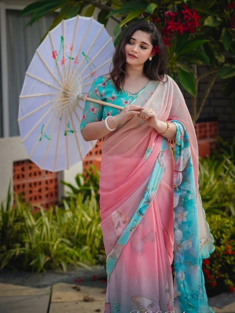 Pink Pure Soft Georgette Handwork Embroidery Saree