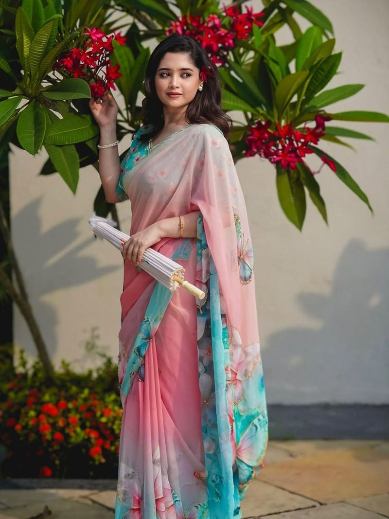 Pink Pure Soft Georgette Handwork Embroidery Saree