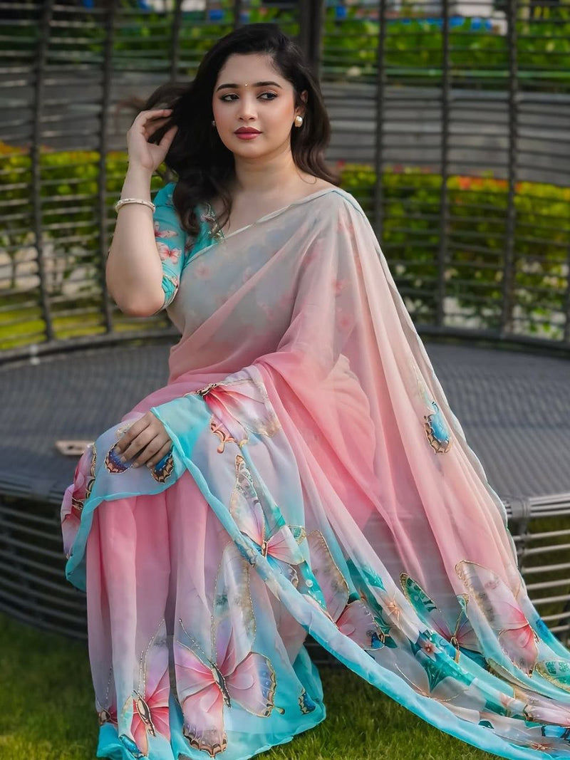 Pink Pure Soft Georgette Handwork Embroidery Saree