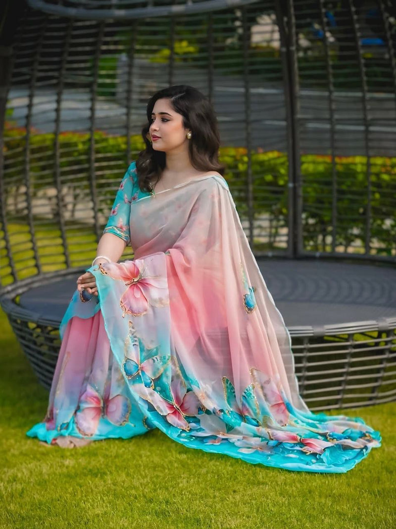 Pink Pure Soft Georgette Handwork Embroidery Saree