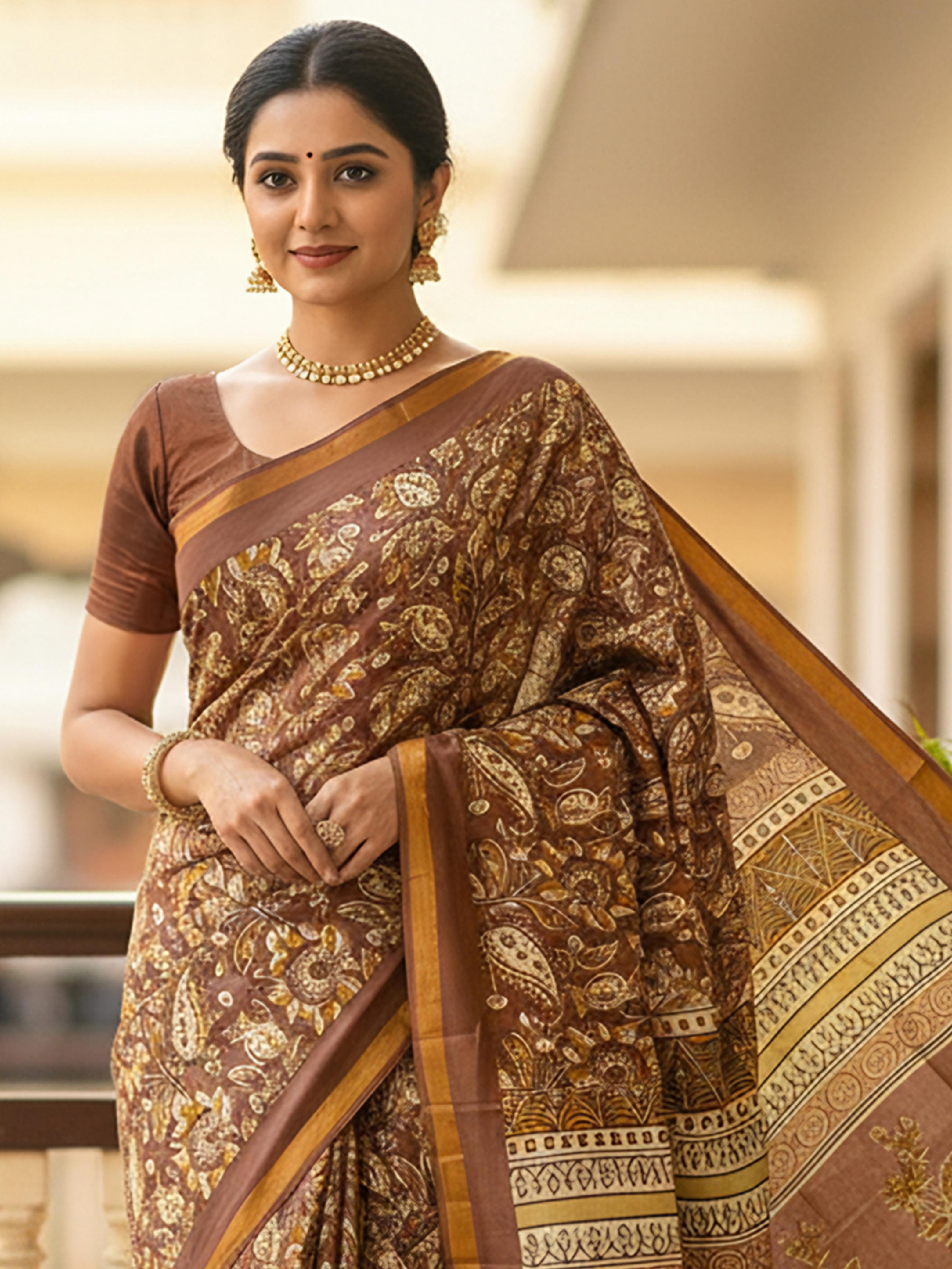 Brown Pure Soft Mal Mal Cotton Bagru Block Print Saree