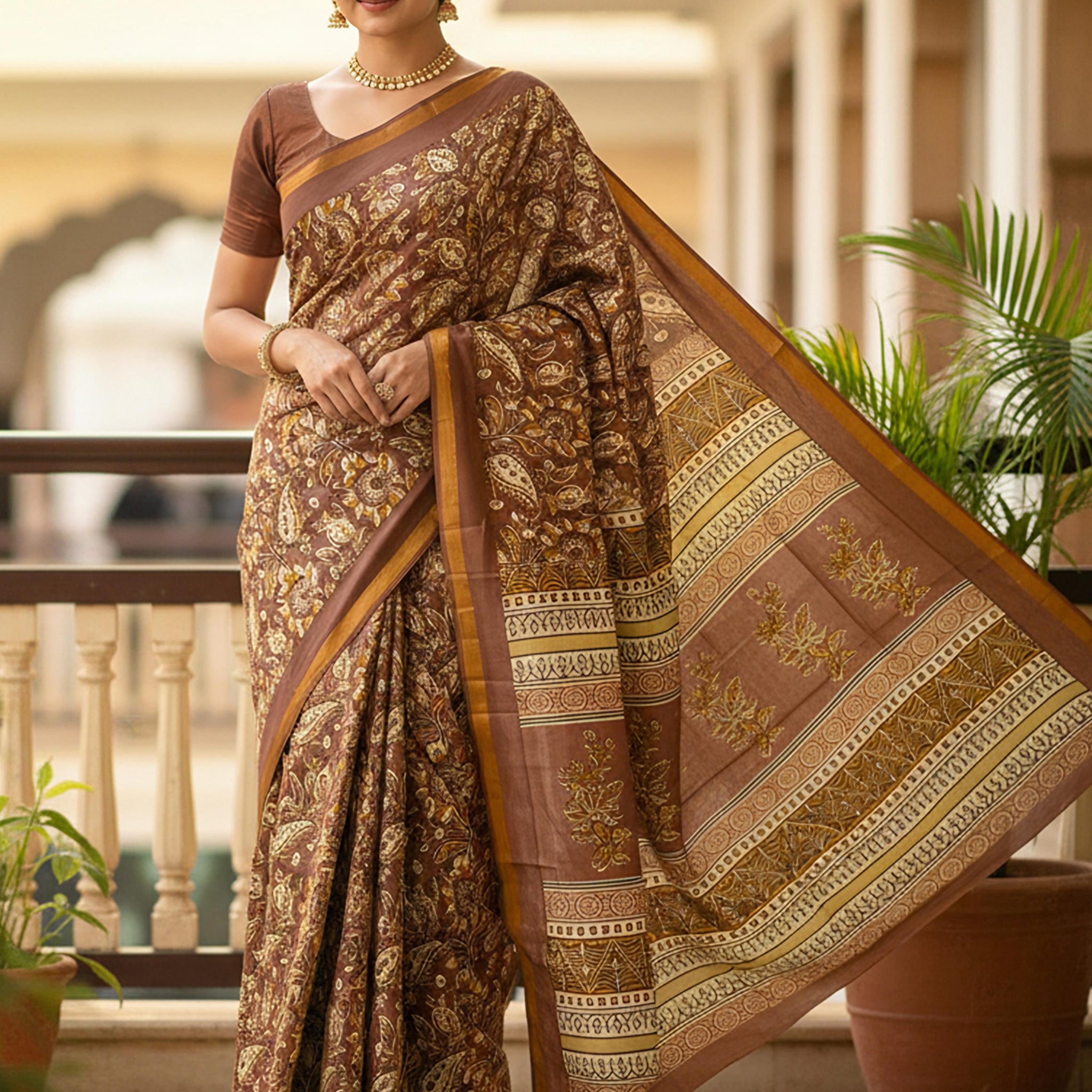 Brown Pure Soft Mal Mal Cotton Bagru Block Print Saree