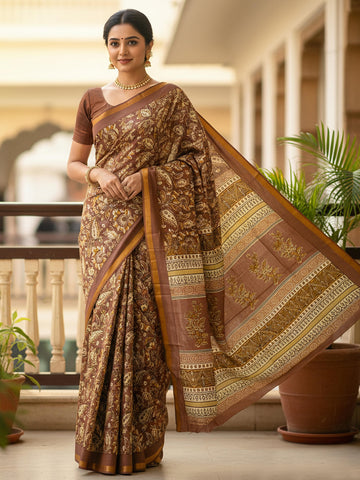 Brown Pure Soft Mal Mal Cotton Bagru Block Print Saree