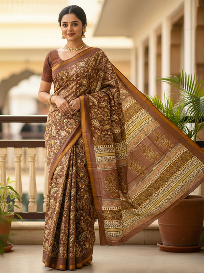 Brown Pure Soft Mal Mal Cotton Bagru Block Print Saree Cotton saree Anant Tex Exports Pvt.Ltd..