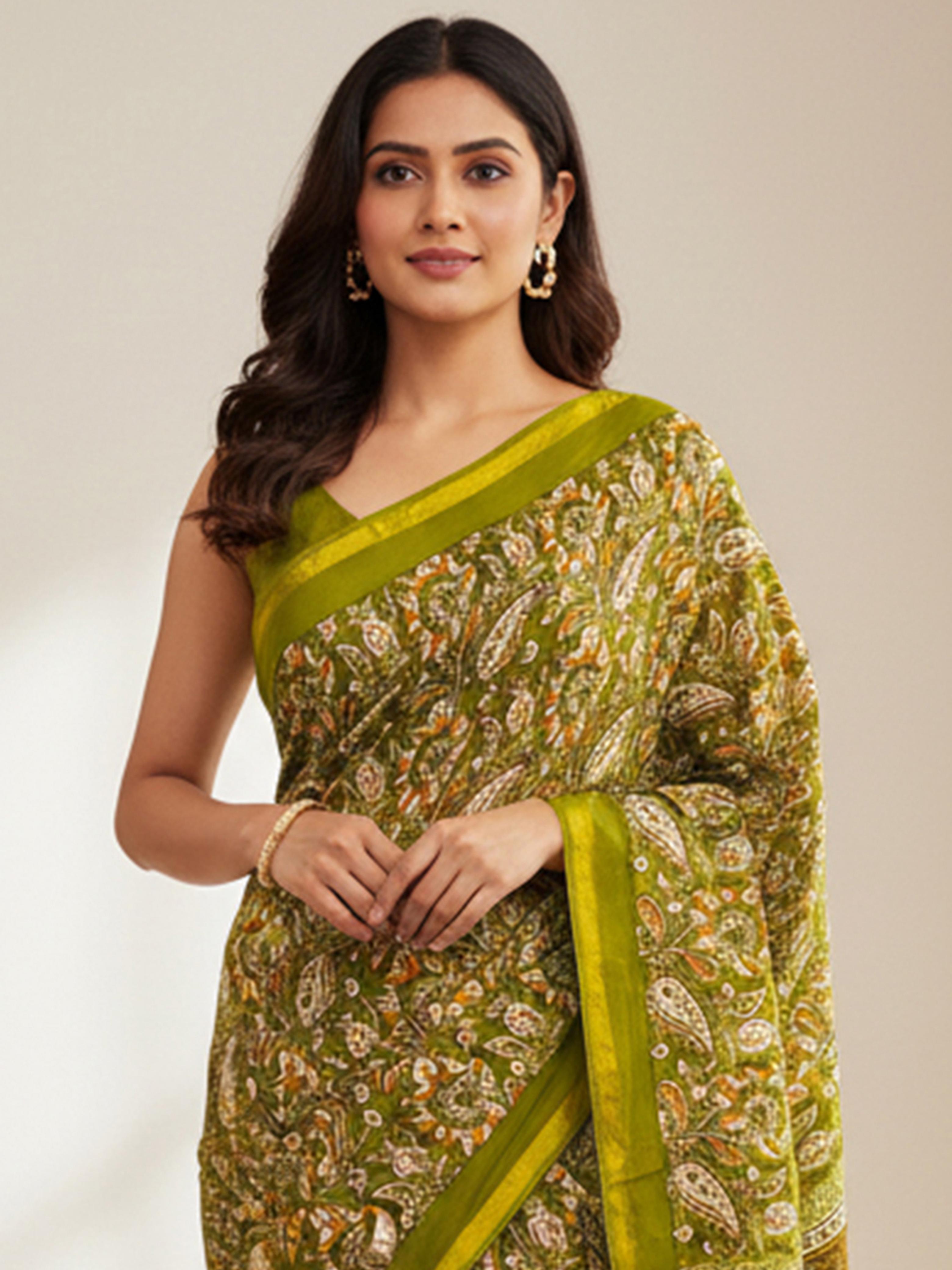 Green Pure Soft Mal Mal Cotton Bagru Block Print Saree