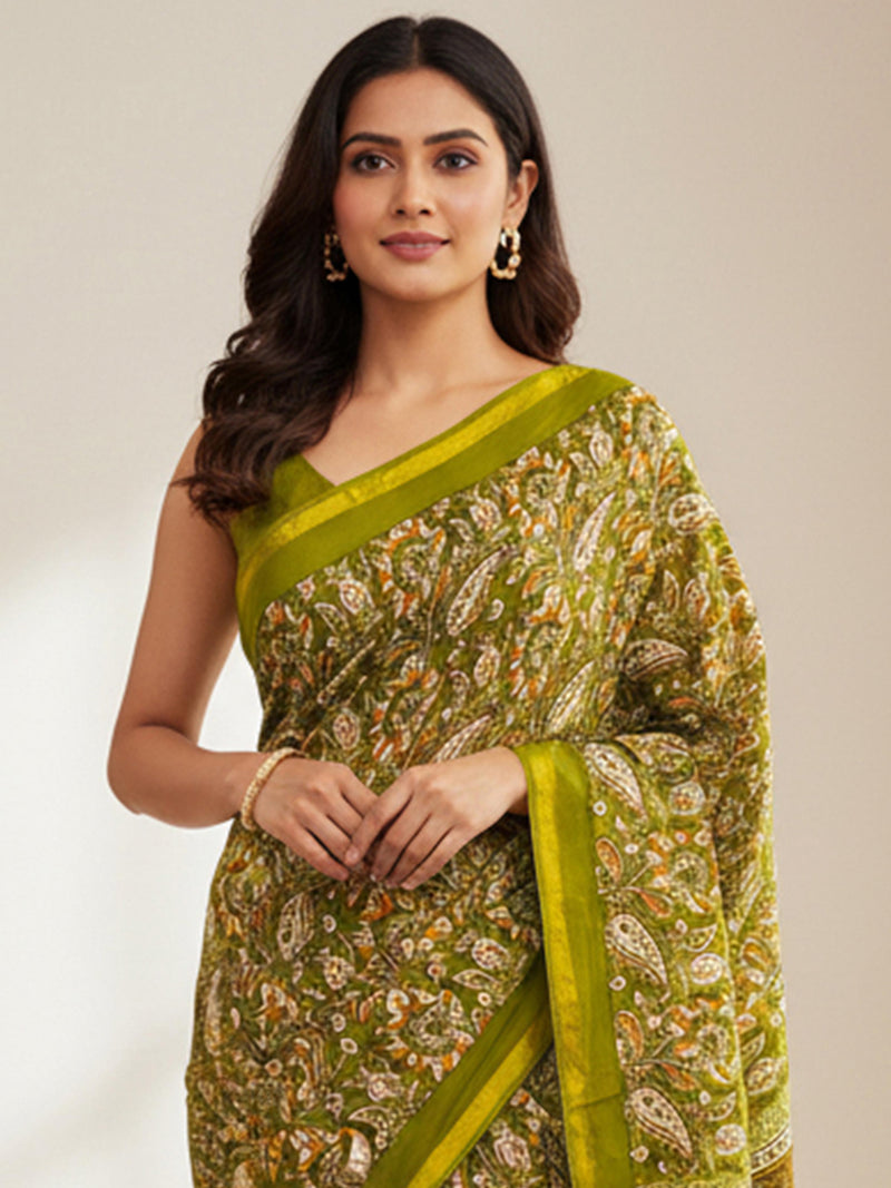 Green Pure Soft Mal Mal Cotton Bagru Block Print Saree