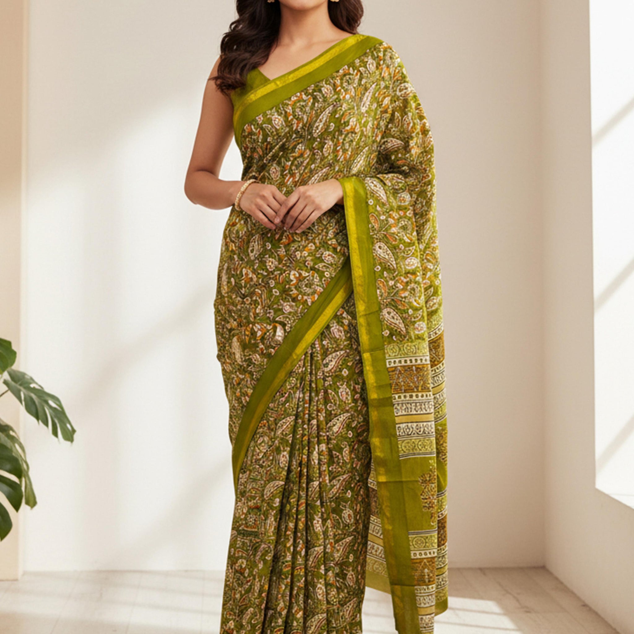 Green Pure Soft Mal Mal Cotton Bagru Block Print Saree