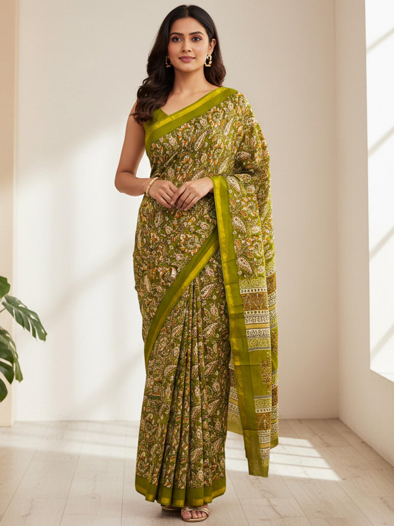 Green Pure Soft Mal Mal Cotton Bagru Block Print Saree