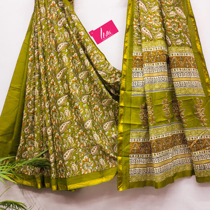 Green Pure Soft Mal Mal Cotton Bagru Block Print Saree Cotton saree Anant Tex Exports Pvt.Ltd..