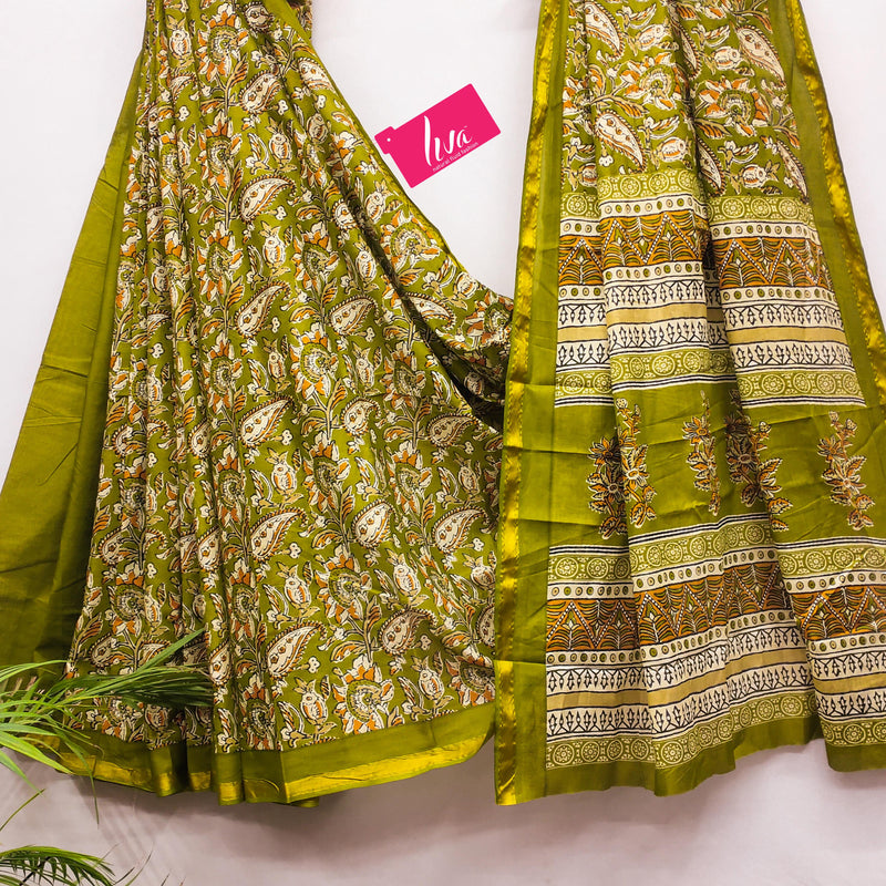 Green Pure Soft Mal Mal Cotton Bagru Block Print Saree