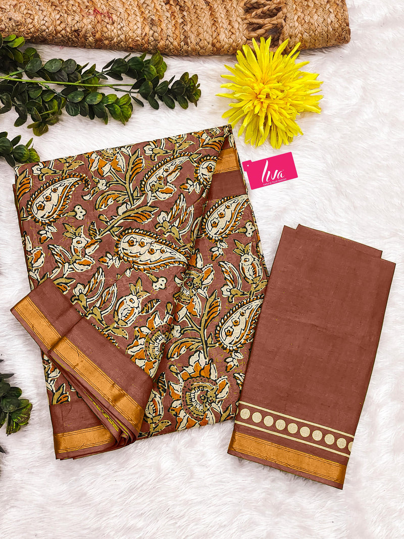 Brown Pure Soft Mal Mal Cotton Bagru Block Print Saree
