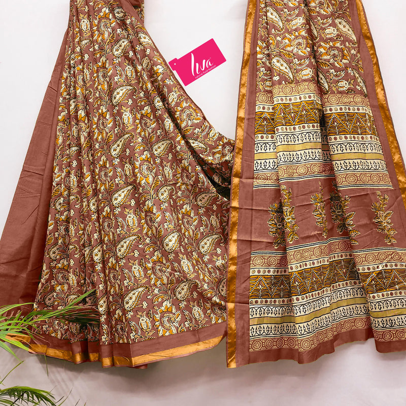 Brown Pure Soft Mal Mal Cotton Bagru Block Print Saree