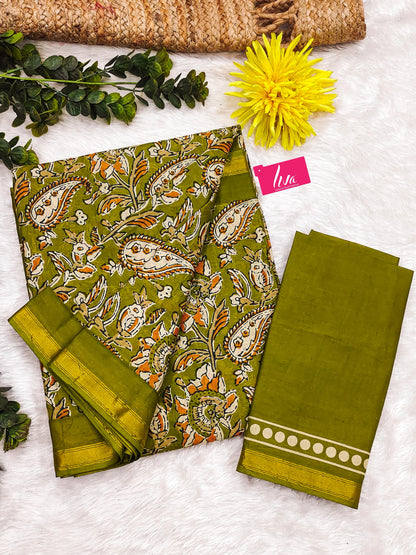Green Pure Soft Mal Mal Cotton Bagru Block Print Saree Cotton saree Anant Tex Exports Pvt.Ltd..