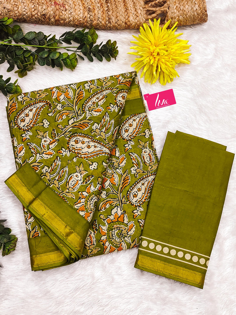 Green Pure Soft Mal Mal Cotton Bagru Block Print Saree