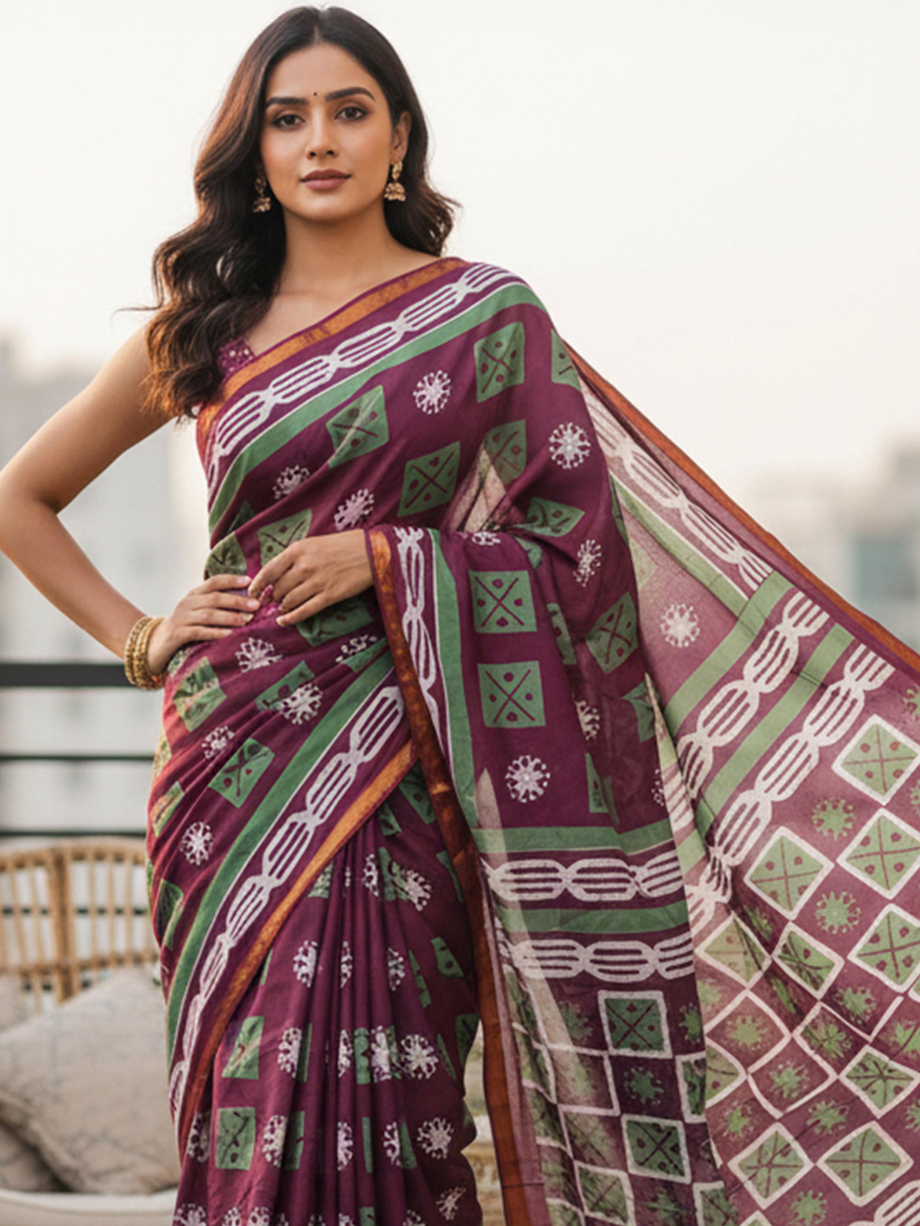 Purple Pure Soft Mal Mal Cotton Bagru Block Print Saree