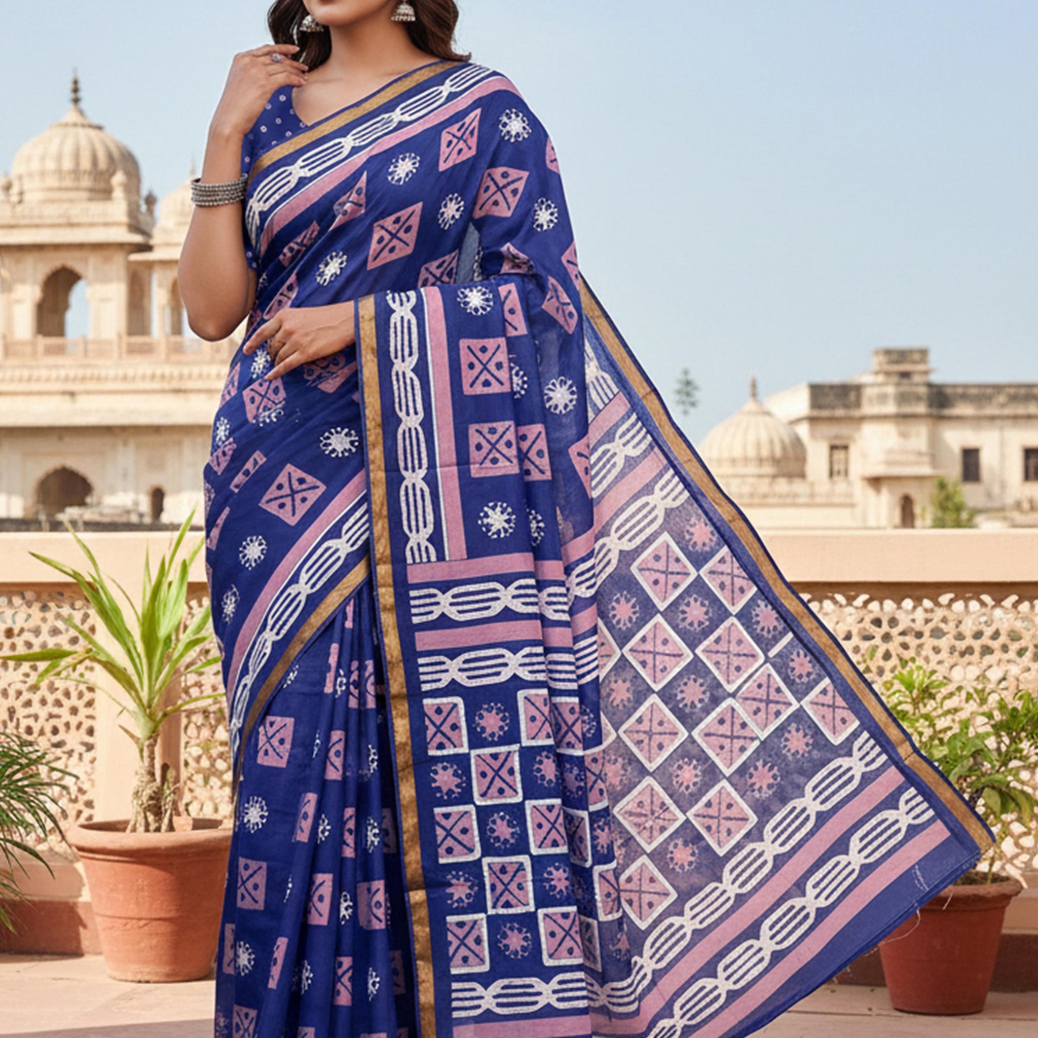 Blue Pure Soft Mal Mal Cotton Bagru Block Print Saree