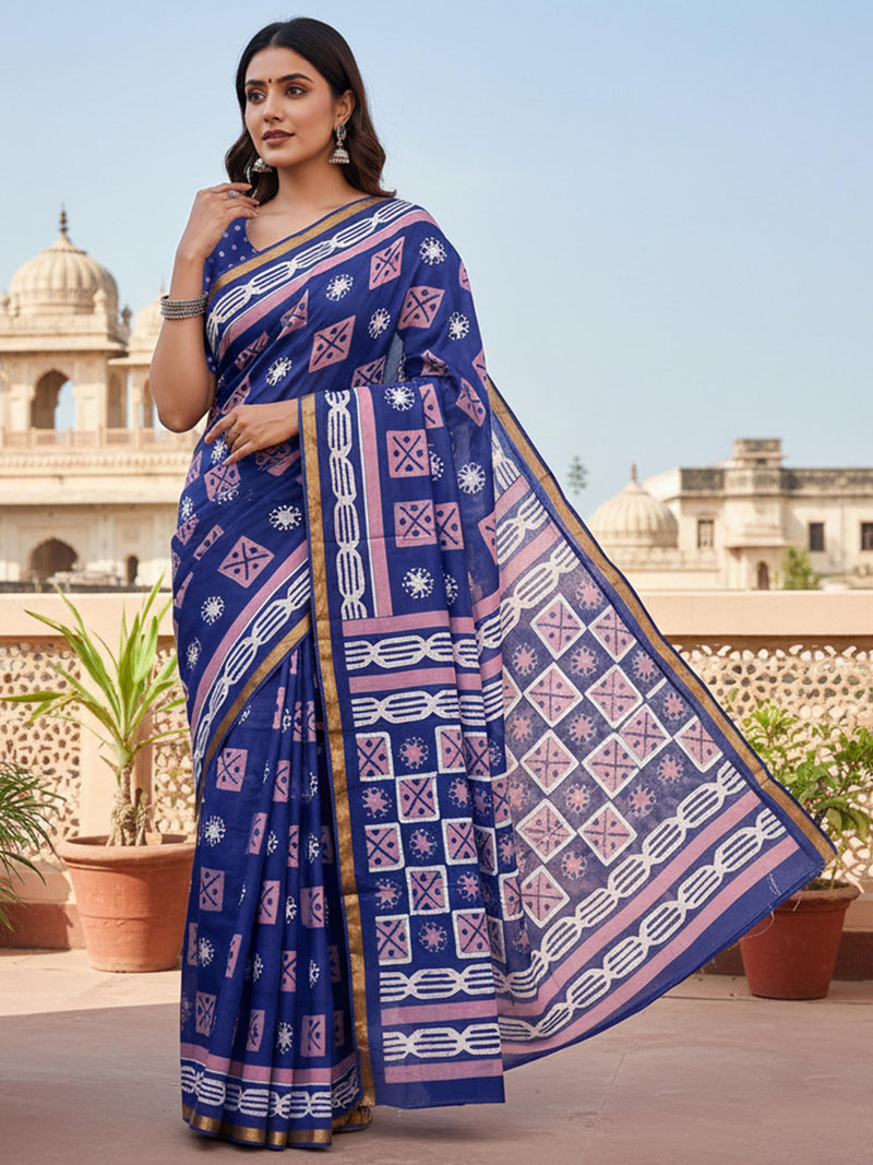 Blue Pure Soft Mal Mal Cotton Bagru Block Print Saree