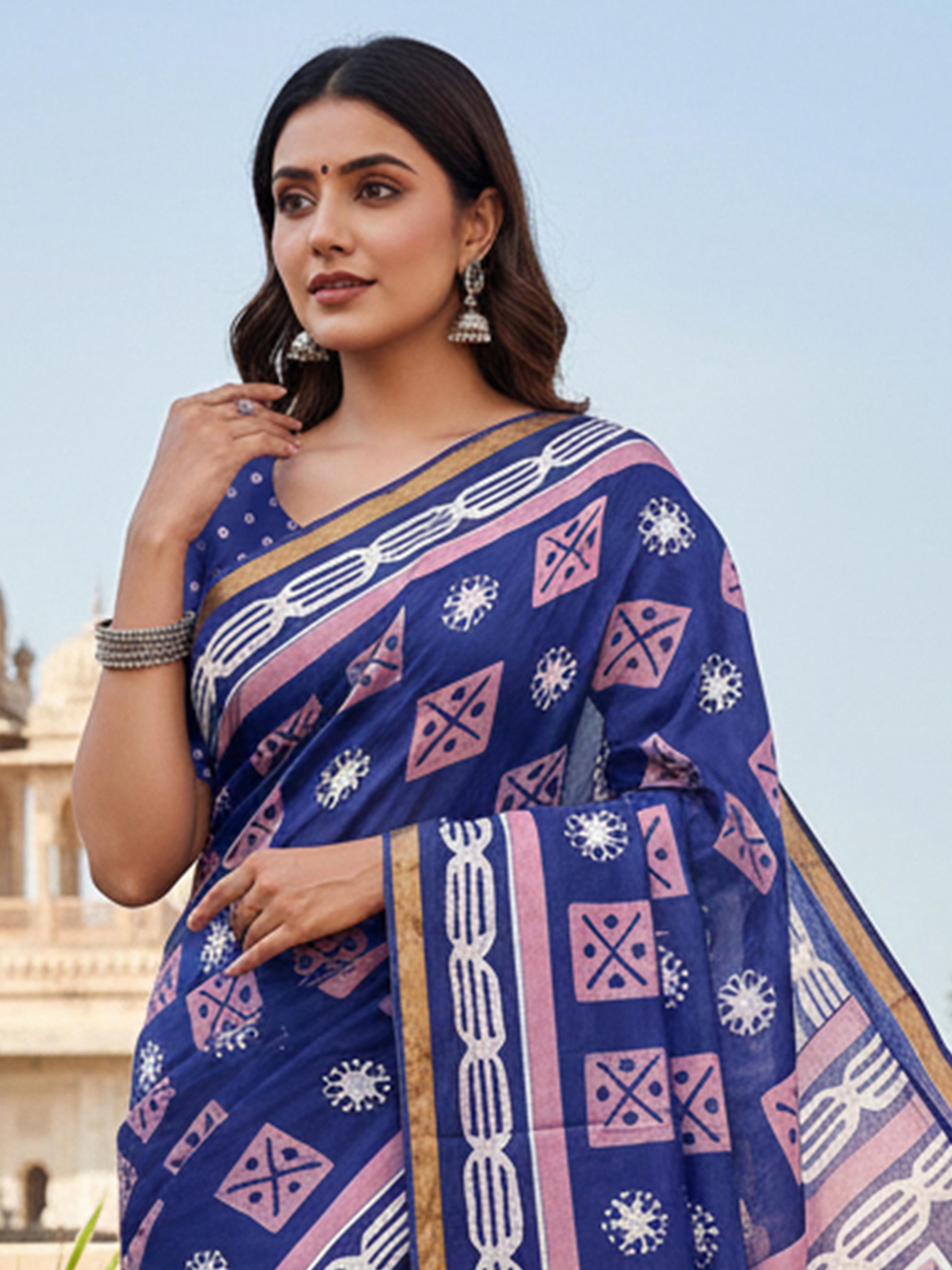 Blue Pure Soft Mal Mal Cotton Bagru Block Print Saree