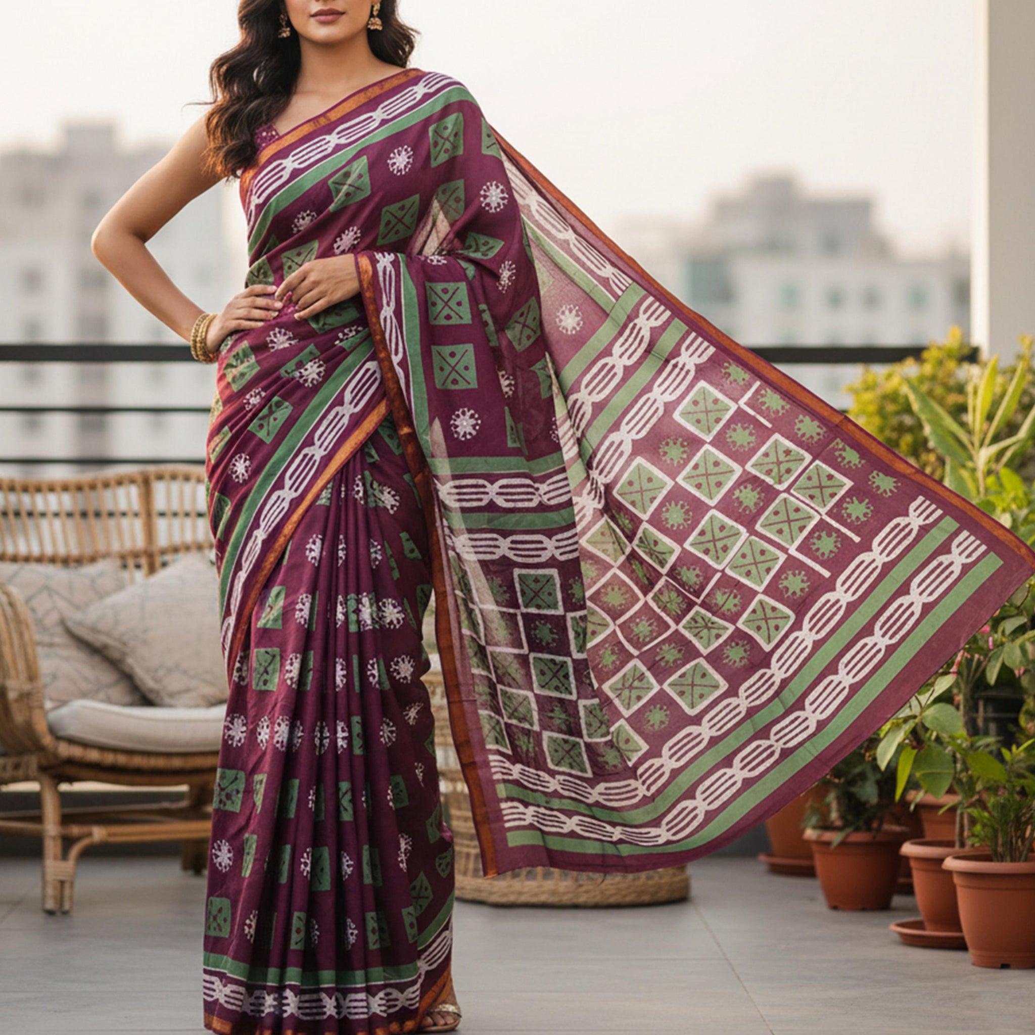 Purple Pure Soft Mal Mal Cotton Bagru Block Print Saree
