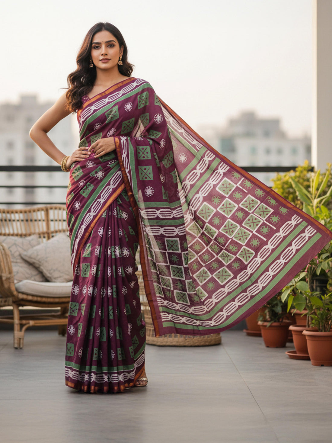 Purple Pure Soft Mal Mal Cotton Bagru Block Print Saree Cotton saree Anant Tex Exports Pvt.Ltd..