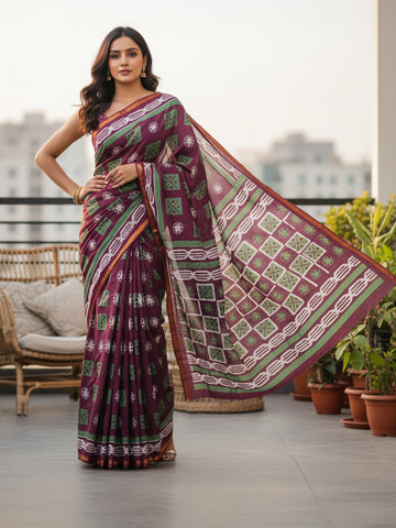 Purple Pure Soft Mal Mal Cotton Bagru Block Print Saree
